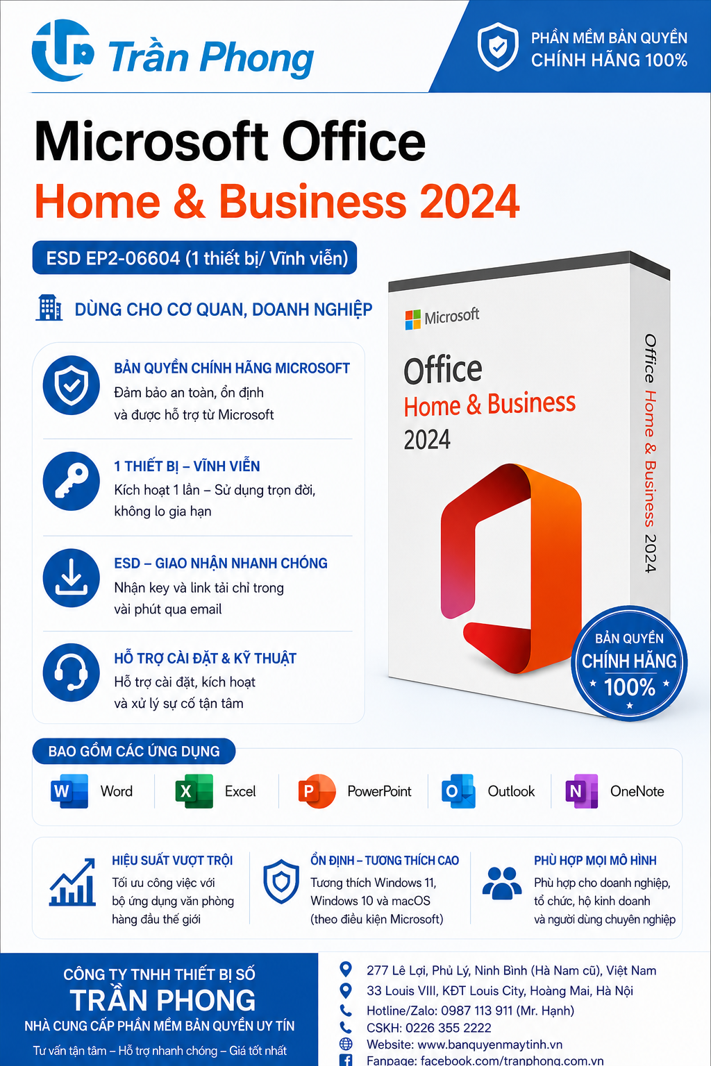 Phần mềm Office Microsoft Home & Business 2024 ESD EP2-06604 (1 thiết bị/ Vĩnh viễn), Thay đổi được máy - Dùng cho cơ quan, doanh nghiệp